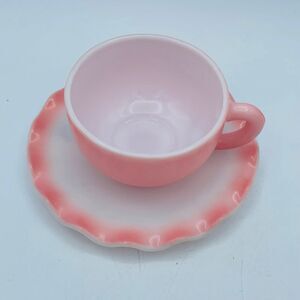 Vintage Hazel Atlas Ruffled Saucer Pink Ripple Crinoline Cup 1950s Milk Glass